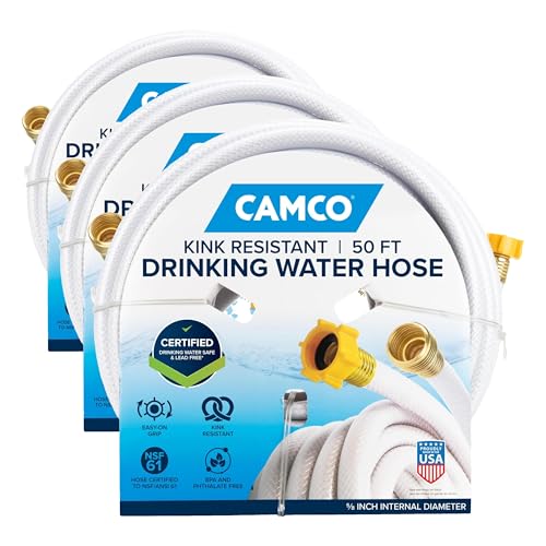 Camco TastePURE 50-Ft RV Drinking Water Hose - Contains No Lead, No BPA & Phthalate - Features Diamond-Hatch Reinforced PVC Design - 5/8” Inside Diameter, Made in the USA (22793) (Pack of 3) - size: 50-Foot (Pack of 3), style: 5/8-Inch ID