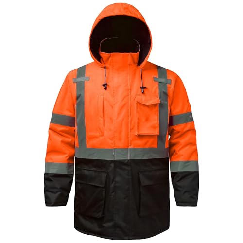 Reflective Jacket, High Visibility Parka, Waterproof Hi Vis, Safety Jacket with Removable Hood and Zipper, ANSI Class 3 (Orange,Large) - color: Orange-parka, size: Large