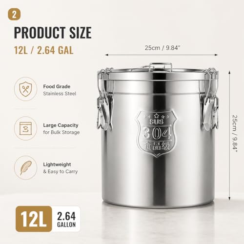 12L/2.64gal Stainless Steel Airtight Canister, Food Storage Canisters with Airtight Lid&Locking Clamp, Rice Container Cereal Grain Canisters, Storager Bucket for Flour, Coffee Bean, Sugar, Cookie - color: 12L