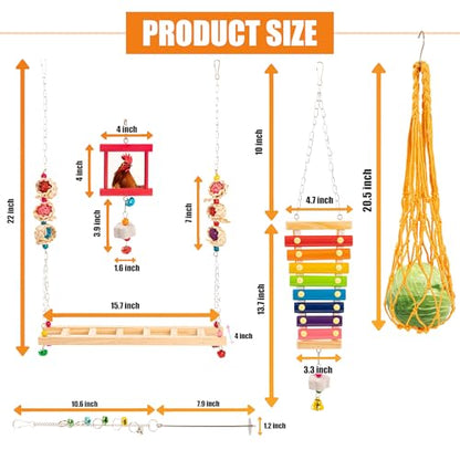 9 PCS Chicken Coop Toys, Chicken Swing Toys for Chickens Xylophone Mirror with Bell Hanging Vegetable Fruits Skewers Feeders Chick Coop Toy for Hen Birds Parrots