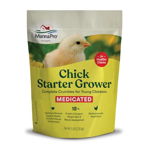 Manna Pro Medicated Chick Starter Grower Feed, Dried High Protein Chicken Food Crumbles with Amprolium for Coccidiosis Prevention, Complete Chicken Feed for Baby Chicks, 5 lb Bag - size: 5 Pound (Pack of 1)
