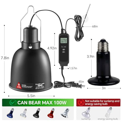 5.5 inch Reptile Heat Lamp Fixture with Thermostat and Timer,Reptile Light Fixture with 100W Ceramic Heat Emitter, PID Temperature Controller for UVB Lights, Basking Bulbs and Terrariums - size: 5.5 inch with CHE Bulb