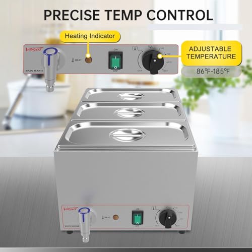 Valgus 3 Pan 17QT Commercial Bain Marie, Stainless Steel Food Warmer | 900W adjustable temp,auto boil dry shut-off,3 lids included,drain tap,easy clean,for restaurant catering buffet banquet - size: 3 Sections with Tap