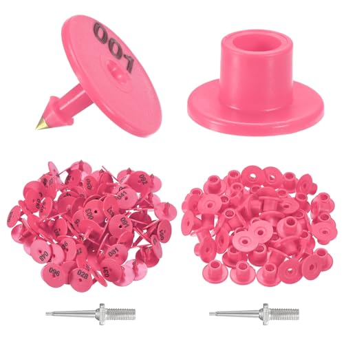 M METERXITY 100-Pack Cattle Ear Tags 001-100 Number, Plastic Round Livestock Tags with 2 Ear Label Needles for Cows/Sheep/Cattle/Pig, Farm Animal Identification Markers [Rose Red] - color: Rose Red