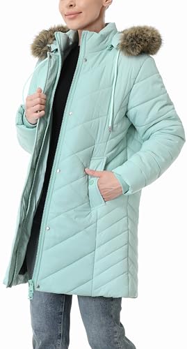 Women's Long Warm Winter Coat Windproof Thickened Fleece Lined Down Jacket Waterproof Puffer Outerwear with Removable Hood - color: Light Green, size: Large