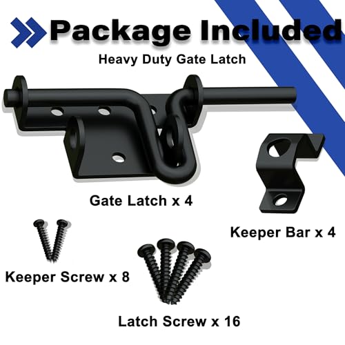 Black Slide Bolt Gate Latch - Dual Mode Installation Design | Heavy Duty Gate Latches with Padlock Hole for Wooden/Vinyl Fence & Barn Doors, 4 Pack