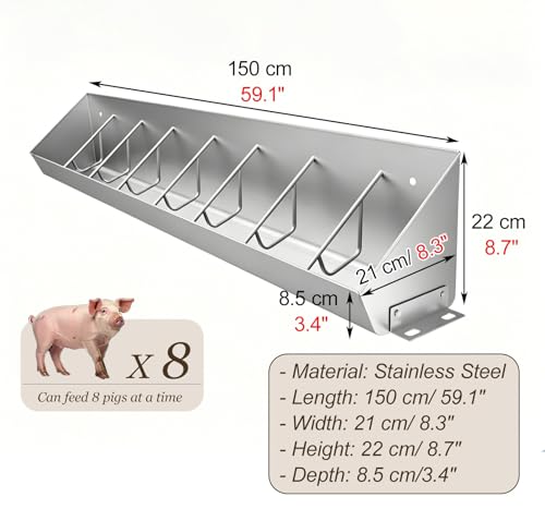Piglet Feed Trough with 5 8 10 Holes, Hanging Stainless Steel Feed Trough, Large Capacity Livestock Feeder for Cattle Sheds/Pasture(L150cm/59.1"(8 Slots)) - size: L150cm/59.1"(8 Slots)