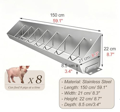 Piglet Feed Trough with 5 8 10 Holes, Hanging Stainless Steel Feed Trough, Large Capacity Livestock Feeder for Cattle Sheds/Pasture(L150cm/59.1"(8 Slots)) - size: L150cm/59.1"(8 Slots)