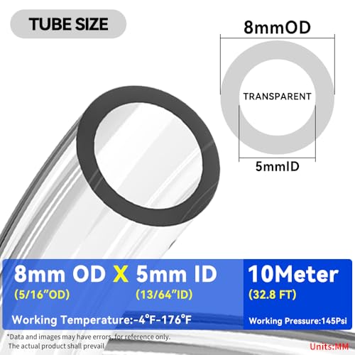 NAN;ACH PNEUMATIC Transparent 8mm or 5/16 OD 5mm ID Polyurethane PU Air Hose Pipe Tube 10 Meter 32.8ft - color: Transparent, size: 8x5mm/32.8FT/10M
