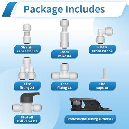 26Pcs 1/4" Quick Connect Water Line Fittings Kit, Push to Connect Fittings (Ball Valve, Check Valve, T, L, Y, I & Professional Tubing Cutter) for RO/DI, Refrigerator, Ice Maker