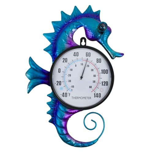 14" Seahorse Shape Outdoor Thermometer, Indoor Wall-Mounted Thermometer No Need Battery, Easy to Read for Patio Garden Living Room Decor - color: Blue Seahorse