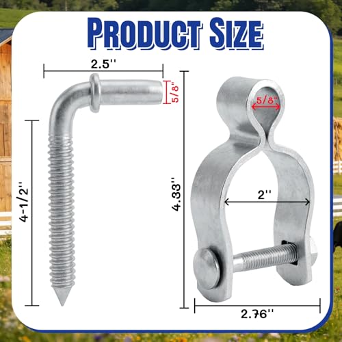 2 Pack Farm Gate Hinge Set, 5/8'' x 2'' Chain Link Fence Frame Gate Post Female Hinge, 5/8" x 4-1/2" Wood Post Male Lag Screw Hinge Pin for Fence Posts