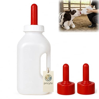 Calf Feeding Bottle with Screw Replacement Nipple, 2 Quart Heavy Duty Calf Milk Feeder with Handle, Leakproof Nursing Bottle for Calves, Lambs & Goats, Livestock Feeding Supplies (White)