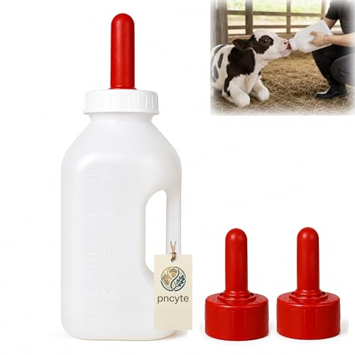 Calf Feeding Bottle with Screw Replacement Nipple, 2 Quart Heavy Duty Calf Milk Feeder with Handle, Leakproof Nursing Bottle for Calves, Lambs & Goats, Livestock Feeding Supplies (White)