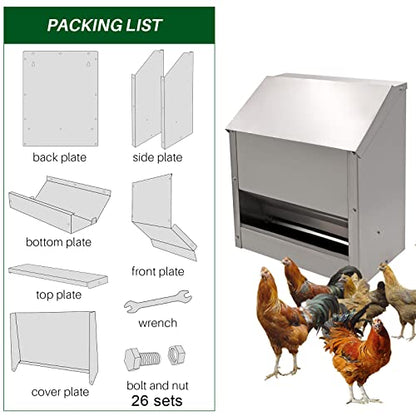 Galvanized Steel Chicken Feeders No Waste Poultry Feeder Rainproof Hanging Poultry Feeder Trough with Lid Holds 25lbs of Feed, No Assembly Required