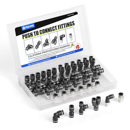 TAILONZ PNEUMATIC 1/4"OD x 1/8"NPT Push to Connect Fittings Pneumatic Fittings Kit 6 Spliters+6 Elbows+6 tee+6 Straight +6 Straight Male Npt Connector+6 Elbow Male Npt Connector (36 pcs) - size: 1/4"OD x 1/8"NPT