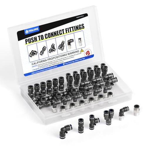 TAILONZ PNEUMATIC 1/4"OD x 1/8"NPT Push to Connect Fittings Pneumatic Fittings Kit 6 Spliters+6 Elbows+6 tee+6 Straight +6 Straight Male Npt Connector+6 Elbow Male Npt Connector (36 pcs) - size: 1/4"OD x 1/8"NPT