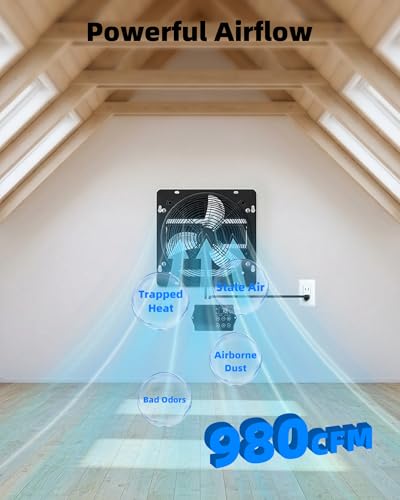 12'' Upgraded Shutter Exhaust Fan with Thermostat & Remote, 980 CFM Wall Mounted Attic Exhaust Fan, Auto On/Off by Temperature for Garage, Greenhouses, Sheds, Chicken Coops & Basement - size: 12 Inch
