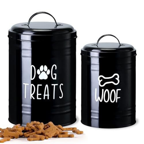 Dog Treat Container Airtight, Dog Treat Jar Set of 2 with Lid - 9x5.5''&7x4'' Metal Dog Cookie Jar for Farmhouse Kitchen Counter, Black Treat Jars for Pets, Treat Storage Container for Dogs, Cats - color: Black