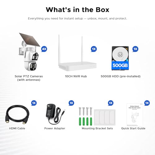 CAMCAMP Solar Security Cameras Wireless Outdoor, 4 Cameras Dual-Lens PTZ with 10CH NVR & 500GB HDD, 2K Color Night Vision, Spotlight, Dual PIR Detection, 2-Way Talk, IP66 Cameras for Home Security - color: 4