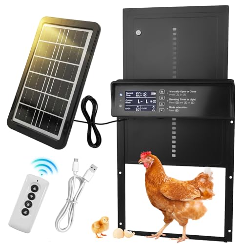 Automatic Chicken Coop Door Solar Powered, LCD Screen Auto Chicken Coop Door with Timer & Light Sensor, Anti-Pinch, Remote Control, Aluminum Waterproof, 4 Modes Solar Chicken House Door