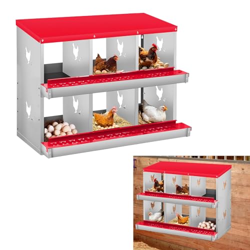 Metal Nesting Boxes for Chickens-6 Compartment Chicken Nesting Box for Laying Eggs, Wall Mountable Roll Away Laying Boxes for Hens and Chicken Coop - color: Red, size: 6 Room