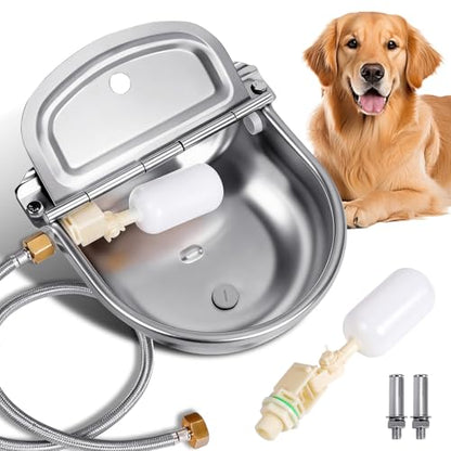 Metal Automatic Dog Water Bowl Dispenser, Outdoor Heavy Duty Stainless Steel Dog Waterer, Auto Self Filling Animal Water Feeder for Dogs Cats with Float and Drain Plug