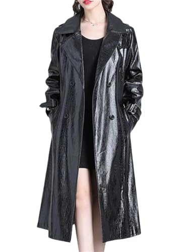 Adhdyuud Women Long Shiny Reflective Pattern Leather Coat Autumn Adjustable Belt Belt Jacket Black S