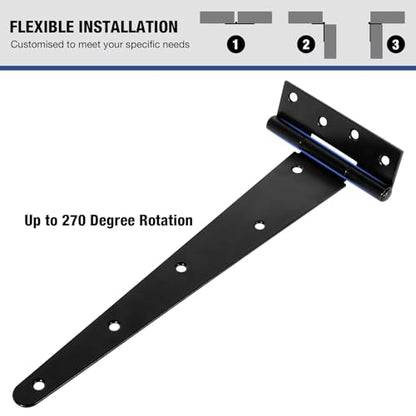 Heavy Duty Fence Gate Hinges for Wood 12 Inch 6 Pack Black T Strap Garden Shed Door Hinges Extra Large Wooden Farm Gate Hinges Kit Outdoor Interior Furniture Cabinet Box Garage Window Tee Barn Hinge - size: 6Pack-12inch