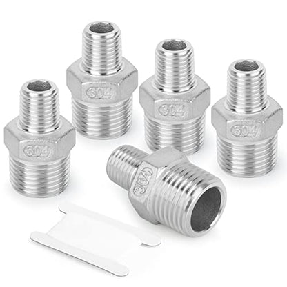 TAISHER 5PCS Cast 304 Stainless Steel Hex Nipple, Reducer Pipe Fitting 3/4-Inch Male Pipe x 1/2-Inch Male Pipe - size: 3/4" NPT x 1/2" NPT