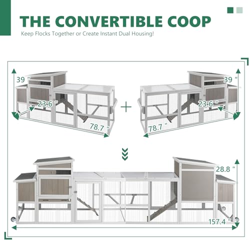 157" L Large Chicken Coop with Run, Mobile Chicken House with Wheels, Nesting Boxes, UV-Resistant Roof, Indoor Outdoor Rabbit Hutch Poultry Hen Cage for 4-6 Chickens with Removable Tray and Ramp - color: Grey-Double