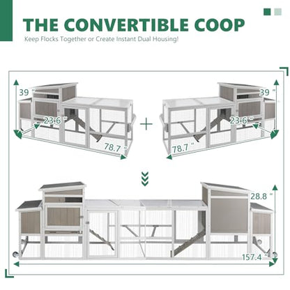 157" L Large Chicken Coop with Run, Mobile Chicken House with Wheels, Nesting Boxes, UV-Resistant Roof, Indoor Outdoor Rabbit Hutch Poultry Hen Cage for 4-6 Chickens with Removable Tray and Ramp - color: Grey-Double