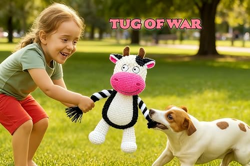 Dog Toy with Rope Arms Dairy Cow, Squeaky Interactive Pet Toy, Purple, for Small & Medium Dogs - color: White & Pink