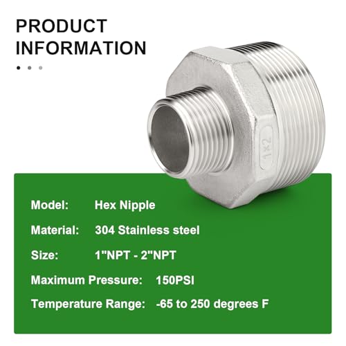 TAISHER 2PCS Cast 304 Stainless Steel Hex Nipple, Reducer Pipe Fitting 2" NPT Male x 1" NPT Male - size: 2" NPT x 1" NPT