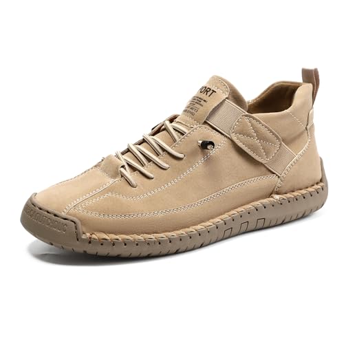 Womens Hand Stitching Leather Slip-On Ankle Boots with Adjustable Elastic Band Casual Lightweight Non-Slip Walking Loafers Retro High Top Flat Boat Shoes - color: Beige, size: 9 Wide