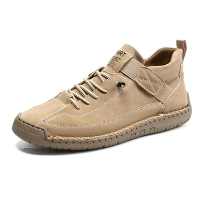 Womens Hand Stitching Leather Slip-On Ankle Boots with Adjustable Elastic Band Casual Lightweight Non-Slip Walking Loafers Retro High Top Flat Boat Shoes - color: Beige, size: 8.5 Wide