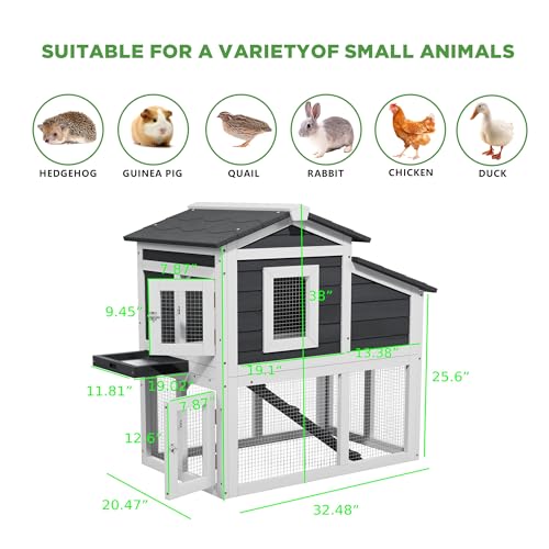 Wooden Rabbit Hutch Indoor,2 Story Bunny House All Weather Use Chicken Duck Coop Small Animal Run Cage with Removable Tray Wire Fence Lockable Doors and Ramp (White) - color: White