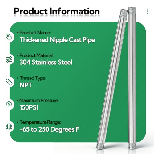 TAISHER 2Pcs Stainless Steel Pipe Fittings, 1/2" NPT x 1/2" NPT Male Threaded, 12" Length Nipple Cast Pipe - size: 1/2" MNPT 2pcs