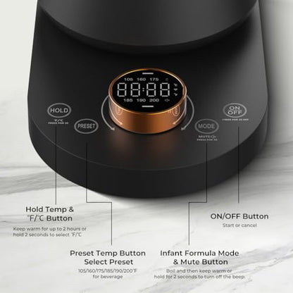 Electric Gooseneck Kettle with Temperature Control, 0.8L Pour Over Coffee, ±1°F Precision Heating, 7 Presets, Stainless Steel Inner, Electric Tea Kettle with 2H Keep Warm, Matte Black - color: Deep Black