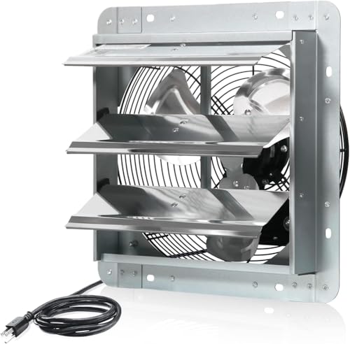 JVO 12 Inch Shutter Exhaust Fan 1450 CFM High-Powered Ventilation, Ideal for Attics, Greenhouses, Garages and Chicken Coops - Wall Mount for Easy Installation (12 inch Fan Wtih Power Cord) - size: 12 inch - With Power Cord