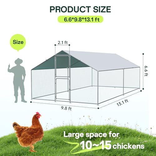 Large Metal Chicken Coop with Run, Waterproof & UV Protected Cover, Holds Up to 30 Chickens. Double Lock Doors, Spire Roof Design, Ideal for Hens, Ducks and Rabbits (13.1 x9.8 x 6.6 FT) - size: 157.0"L x 118.1"W x 78.7"H