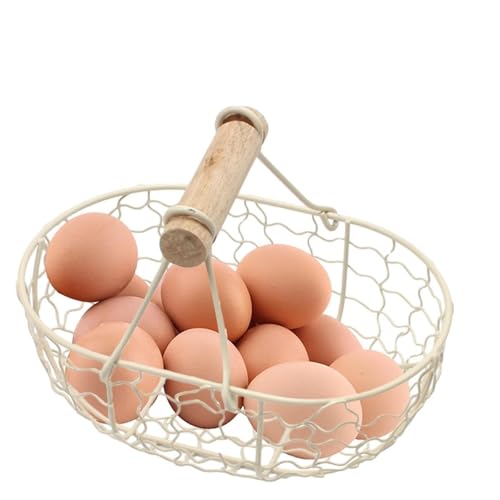 Vintage Metal Wire Basket with Wooden Handles, Rustic Egg Basket, 300g Decorative Storage Organizer for Kitchen, Farmhouse, Pantry (White) - color: White