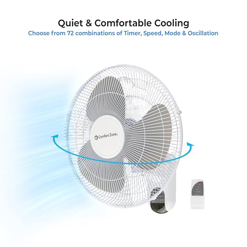 Comfort Zone 16-Inch Fan with Remote Control – Quiet 3-Speed Oscillating Indoor Fan with 90° Wide-Angle Airflow, Timer & Sleep Modes – Space-Saving Wall Fan for Bedroom, Home Gym & Office, White - style: 16" with Remote