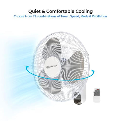 Comfort Zone 16-Inch Fan with Remote Control – Quiet 3-Speed Oscillating Indoor Fan with 90° Wide-Angle Airflow, Timer & Sleep Modes – Space-Saving Wall Fan for Bedroom, Home Gym & Office, White - style: 16" with Remote
