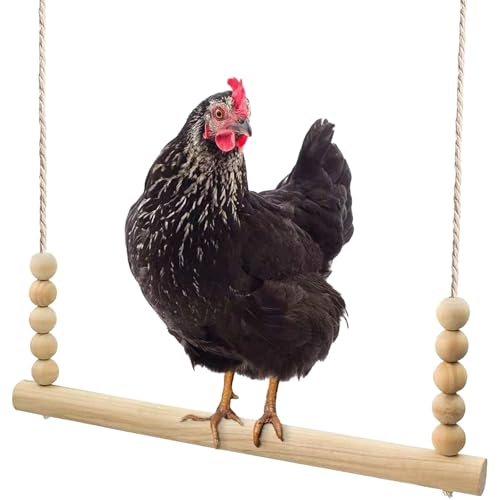 Chicken Swing Toy, Natural Wooden Chicken Bird Swings with Wooden Beads, Wood Stand Chicken Coop Accessories for Poultry Run Rooster Hens Chicks Pet Parrots