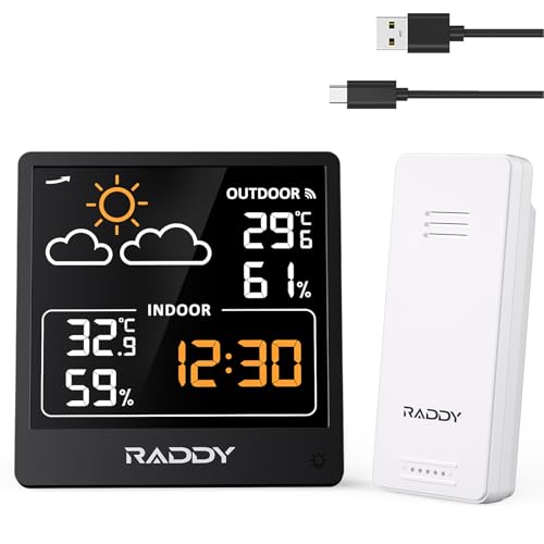 Raddy WF-50V Indoor Outdoor Thermometer Hygrometer, Wireless Weather Station Temperature & Humidity Monitor with 5.0’’ VA Display, USB-C Powered, Weather Forecast, Wireless Remote Sensor (Black) - color: Black