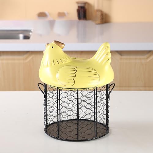 Chicken Egg Basket, Chicken Egg Holder, Black Wire Chicken Egg Collection Baskets with Ceramic Lid and Handle for Gathering Fresh Eggs, Farmhouse Style Egg Storage Container for Kitchen(Yellow) - color: Yellow