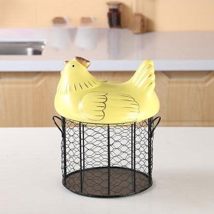 Chicken Egg Basket, Chicken Egg Holder, Black Wire Chicken Egg Collection Baskets with Ceramic Lid and Handle for Gathering Fresh Eggs, Farmhouse Style Egg Storage Container for Kitchen(Yellow) - color: Yellow