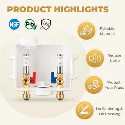 Washing Machine Outlet Box, with Stainless Steel Water Hammer Arrestor, 1/2-Inch Push Fit x3/4-Inch MHT with Center Drain, Washer Faucet Recessed Box, Laundry Washer Valve Outlet Box - color: Push Fit/SS Arrestor