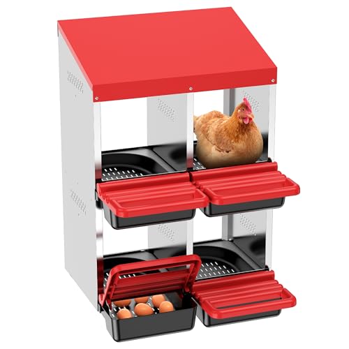 ZenxyHoC Two-Tier Chicken Nesting Boxes, Metal Chicken Egg Laying Box with Swing Perch and Rollout Egg Collection for Chicken Coop Red 4 Compartments - size: 4 Compartments
